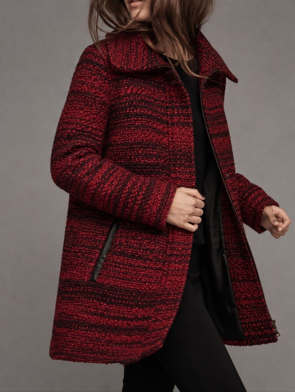 Mackage Marled Wool Alpaca Blend Red Tailored Coat Leather Trim Womens Size XS